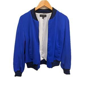 St. John Designer Blue Bomber Jacket Rib Knit Trim size M Spring Lightweight
